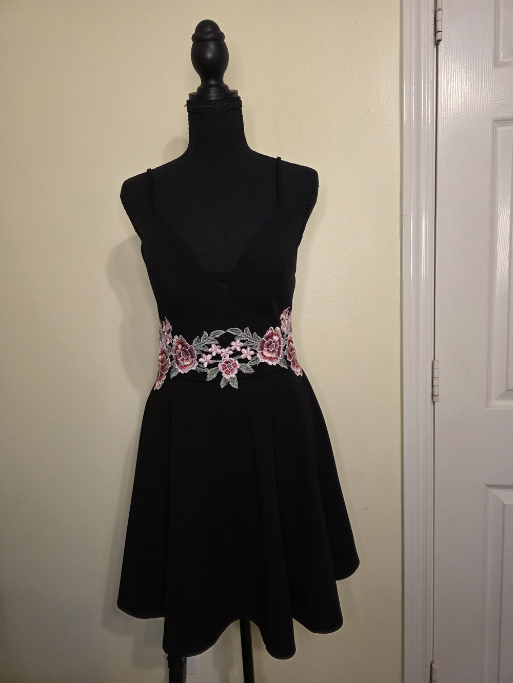 B. Smart Black Mini Dress with Pink Floral Waist Applique Embroidery Boho.